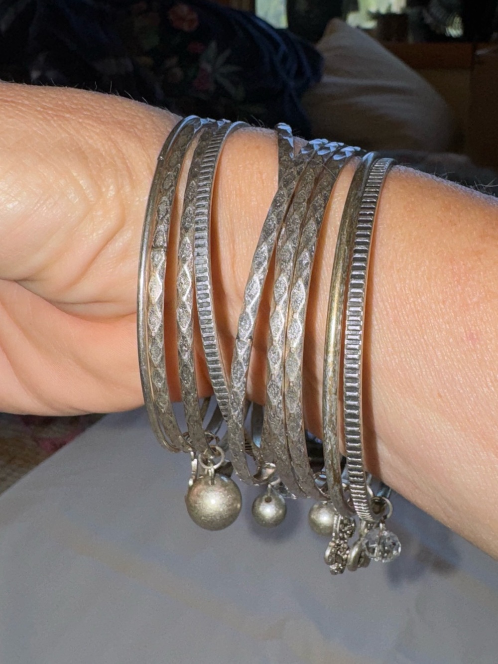 Silver-Tone Stacked Bangle Bracelet Set with Charms - Women Jewelry